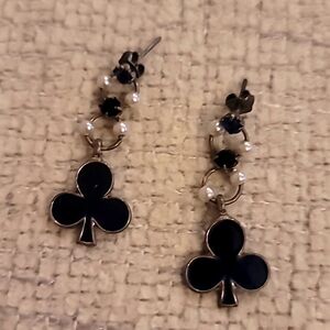 Vintage Faux Pearl And Rhinestone Clubs Themed Earrings